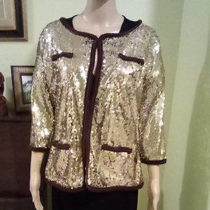 Inman Gold Sequin Brown Trimmed Evening Jacket Petite Medium